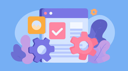 Abstract interface design with gears and checkmarks on blue background  
