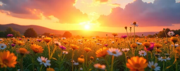 Wall Mural - A vibrant sunrise over a field of wildflowers, radiating joy and warmth, symbolizing the boundless energy of happiness and positive energy , spring, beauty