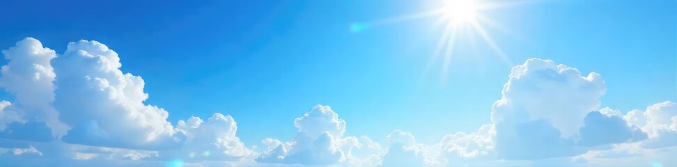 Wall Mural - Vast expanse of clear blue sky, fluffy white clouds scattered across, sun shining brightly, idyllic summer scene, peaceful serenity , cloudscape, above