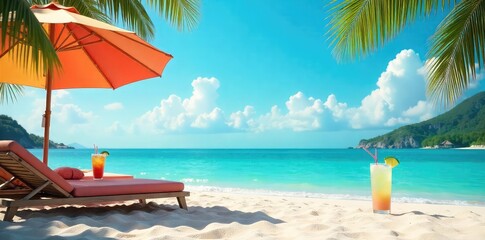 Wall Mural - A vibrant summer scene featuring a beach umbrella, sun loungers, and refreshing drinks, perfect for a movie about carefree summer days , cocktails, drinks