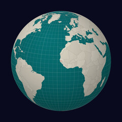 Poster - Gambia on the map. Globe centered to Gambia. Country location on the world map. Teal Pale Mint color palette. Globe with countries, meridians and parallels. Elegant vector illustration.