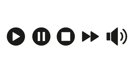 Flat monochrome web media player icons with play, pause, stop, forward, and volume controls.