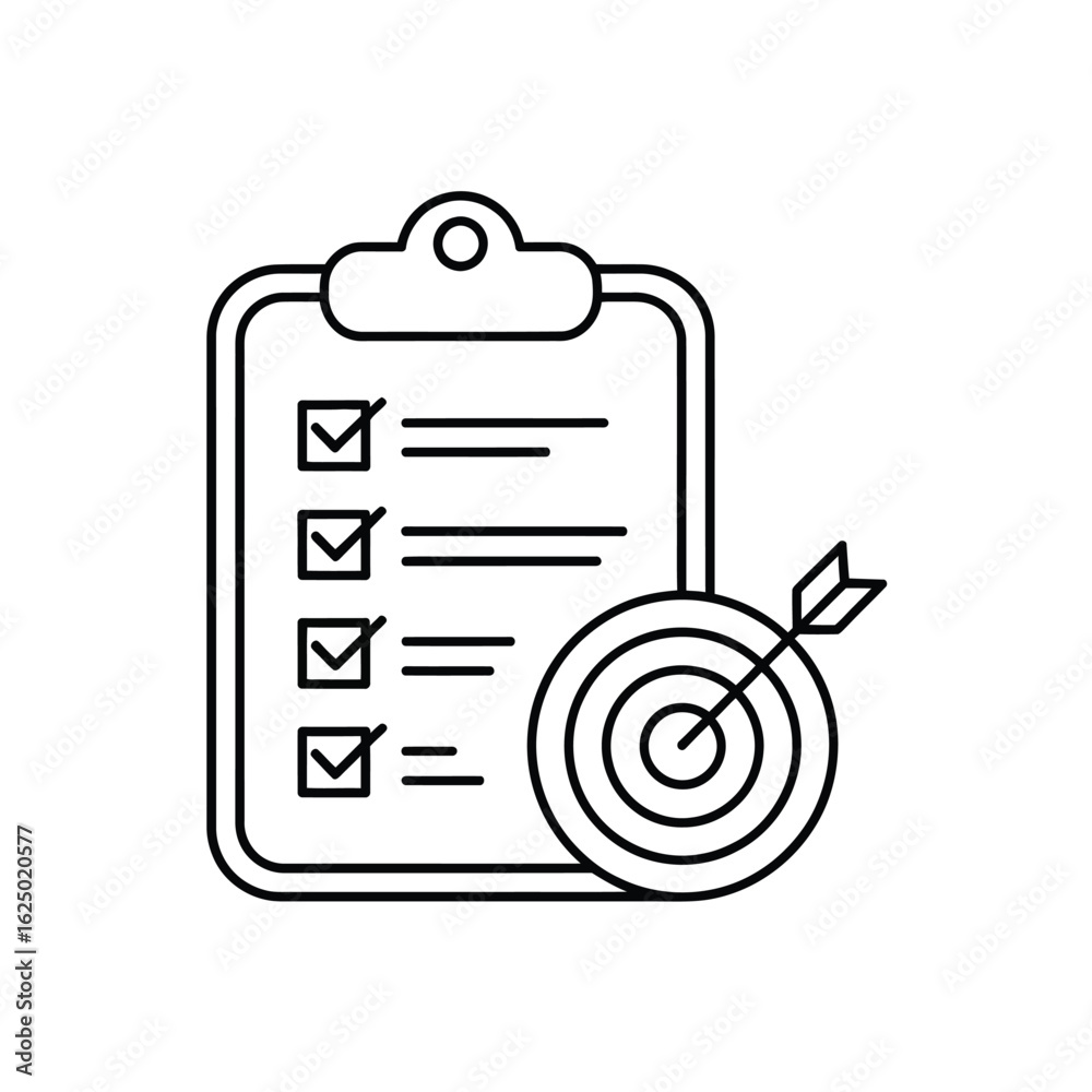 Clipboard with checklist and bullseye target with arrow representing ...