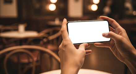 Woman using smartphone with blank screen in a cozy cafe enjoying relaxing atmosphere mockup template for app presentation