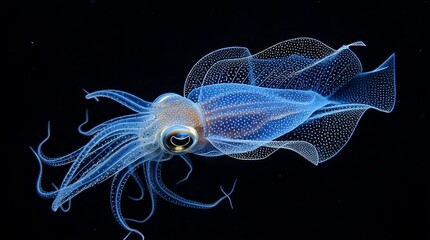 Wall Mural - a glowing squid navigating dark midwater depths, with bioluminescent trails creating a magical effec