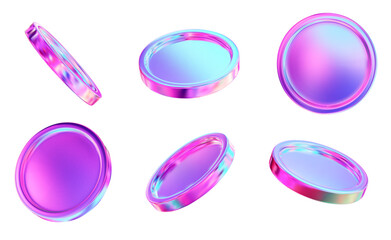Wall Mural - 3d set holographic or neon coins with different angles. y2k style. stock vector illustration on isol