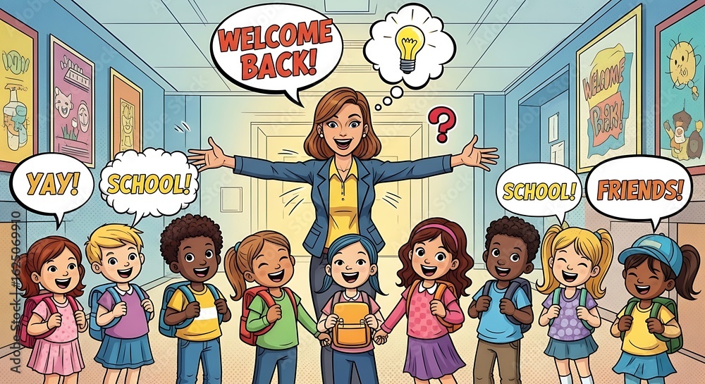 Cartoon illustration of teacher welcoming students back to school in a ...