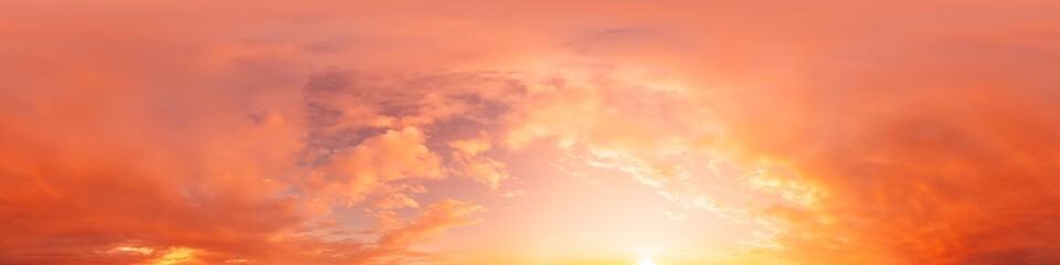 Wall Mural - Sunset sky panorama with bright glowing pink Cumulus clouds. HDR 360 seamless spherical panorama. Full zenith or sky dome in 3D, sky replacement for aerial drone panoramas. Climate and weather change.