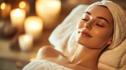 Wall Mural - a serene woman lying on a massage table with a towel on her head, surrounded by candles and a serene