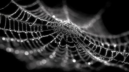 Spiderweb with water drops on black background. Nature geometry and autumn morning concept.