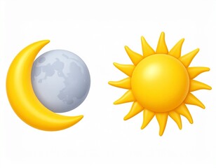 Wall Mural - various 3d sun and moon, crescent isolated icon. realistic render of star and planet,