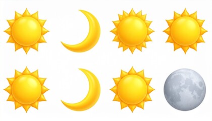 Wall Mural - various 3d sun and moon, crescent isolated icon. realistic render of star and planet,