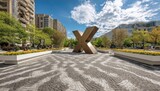Urban plaza with large X sculpture