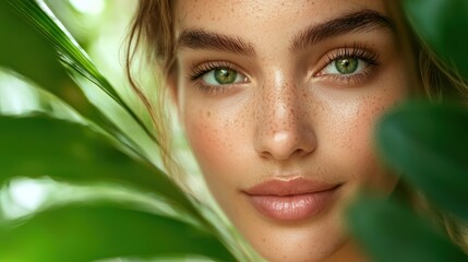 Wall Mural - a woman with green eyes and freckles, surrounded by lush green foliage, with a serene expression on 