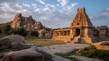 Ancient Temple Complex at Hampi, India, Bathed in Warm Golden Hour Sunlight