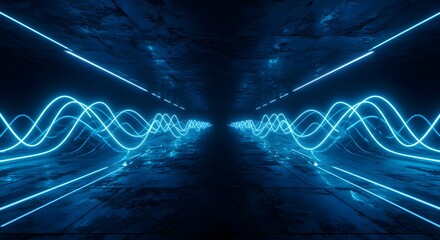 Poster - A perspective view of a dark tunnel with blue neon wave lights and straight lines on the ceiling