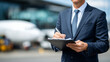 © Maksym - Cropped image showing airport logistics professional checking barcodes and cargo papers under bright daylight, hand holding pen ready to sign, airport apron and waiting cargo plane
