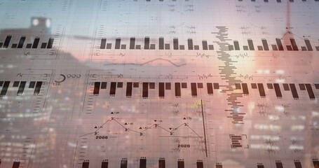Poster - Overlaying data over skyline at dusk, showing bar and line charts, histogram, time-series labels