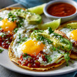 © Sabana - Huevos rancheros on a plate with avocado, salsa, lime, and cotija cheese close up