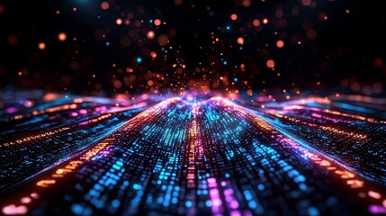 Wall Mural - Colorful, abstract image of a cityscape with bright lights and a lot of numbers. Concept of energy and excitement, as well as the idea of a futuristic, high-tech environment