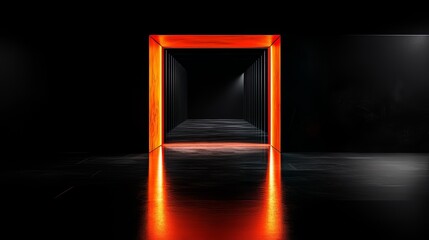 Wall Mural - dark room with a large orange door. the room is empty and the door is glowing. scene is mysterious a