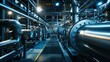 © An - A large industrial plant with metal pipes and machinery, illuminated by bright lights. The scene is industrial, with a focus on the machinery and pipes.