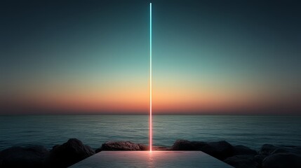 Wall Mural - tall, glowing light pole stands in front of a body of water. the light is blue and red, creating a s