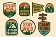 © vectoJA - Retro outdoor camping badge illustrations with tents, mountains, forest signs, and adventure quotes. Perfect for travel patches, stickers, apparel prints, and wilderness exploration branding.