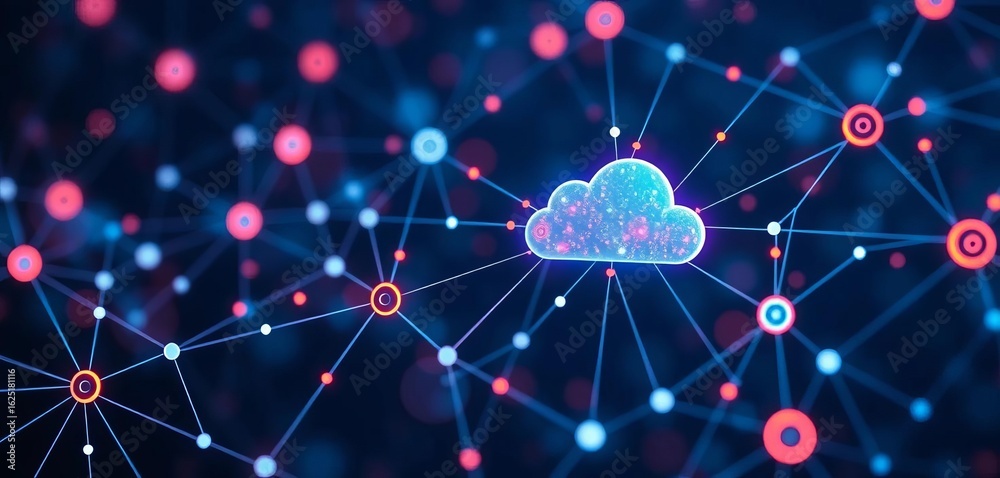 Abstract network nodes and cloud icons forming a data stream ...