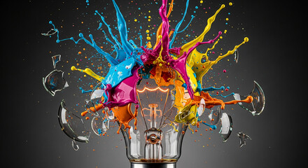 Poster - Broken lightbulb with vibrant cyan, magenta, yellow, and orange paint splash, symbolizing creative explosion, innovation, and new ideas