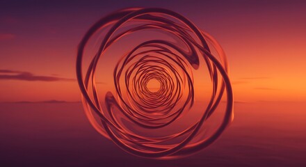 Poster - Abstract spiral tunnel with orange and purple sunset background creating a sense of depth and dimension