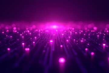 Abstract digital landscape with glowing pink lights and lines representing data flow on a dark purple background
