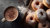 Cozy bakery pastry flat lay warm doughnuts powdered sugar and a steaming mug of hot chocolate