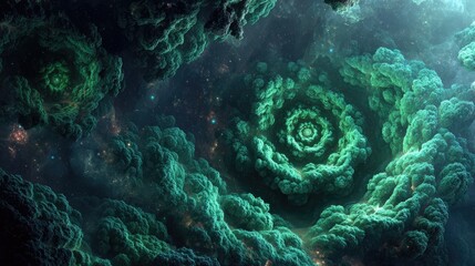 abstract green spiral fractal in space