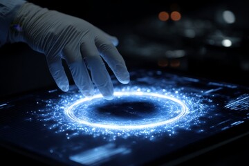 Poster - Futuristic technology is showcased as a hand touches a touchscreen display in a laboratory