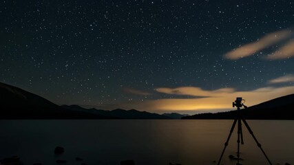 Night sky with stars and camera on tripod by peaceful lake  