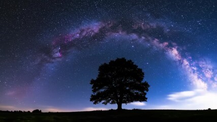 Lone Tree Silhouetted Against the Milky Way - A majestic oak tree stands in silhouette against a breathtaking backdrop of the Milky Way galaxy.