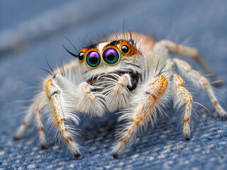 Extreme Close-up of a Jumping Spider with Vibrant Blue and Purple Eyes and Hairy Legs arachnid insect