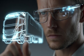 Poster - Logistics data is being scrutinized by professionals with the aid of augmented reality technology in a modern office