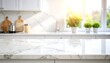 © CreativeCreations - Empty white marble countertop with a shiny, polished surface, set against a blurred modern kitchen background with bright morning sunlight from a window. Ideal for product display and mockups.