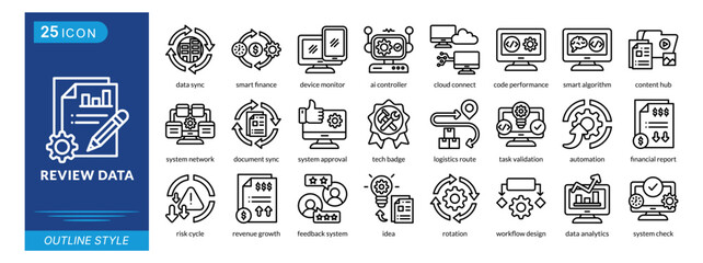 review data icon set collection in outline style. an icon pack contain data sync, smart finance, device monitor, ai controller, cloud connect, code performance, smart algorithm, content hub, system ne