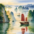 © Graphic Habib - Serene Ha Long Bay Vista with Traditional Junk Boats at Sunrise Depicting Tranquility and Natural Beauty
