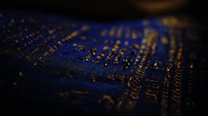 Digital currency concept with an abstract blue binary code circuit board background featuring close-up fiber optics and microchip patterns