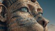 © Delocus - Close-up of ancient stone lion sculpture with vibrant blue eyes under a sunny sky