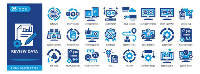 review data icon set collection in solid glyph  style. an icon pack contain data sync, smart finance, device monitor, ai controller, cloud connect, code performance, smart algorithm, content hub