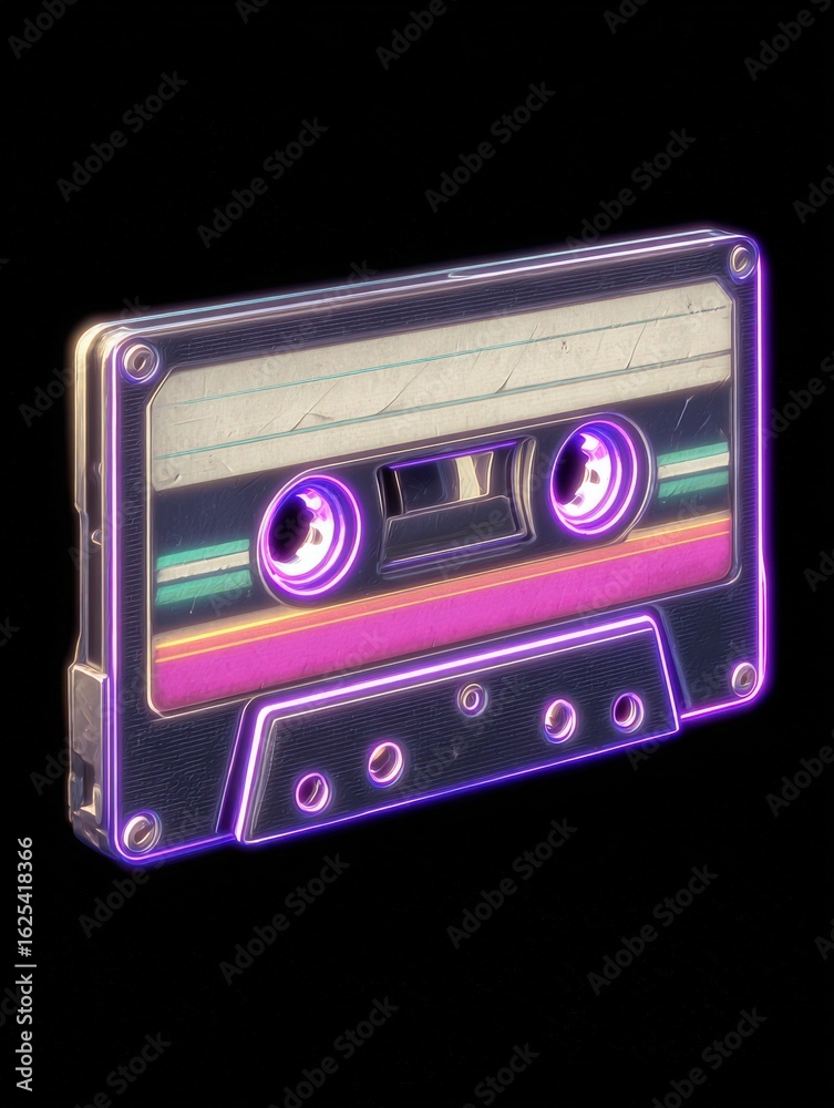 A vintage cassette tape showcases bright neon stripes and glowing edges set against a solid black background. The nostalgic design evokes memories of classic music and past eras.