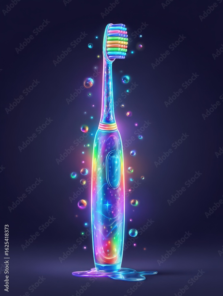 A vibrant electric toothbrush emits a rainbow glow against a dark background, surrounded by floating bubbles and a shimmering pool of liquid at its base.
