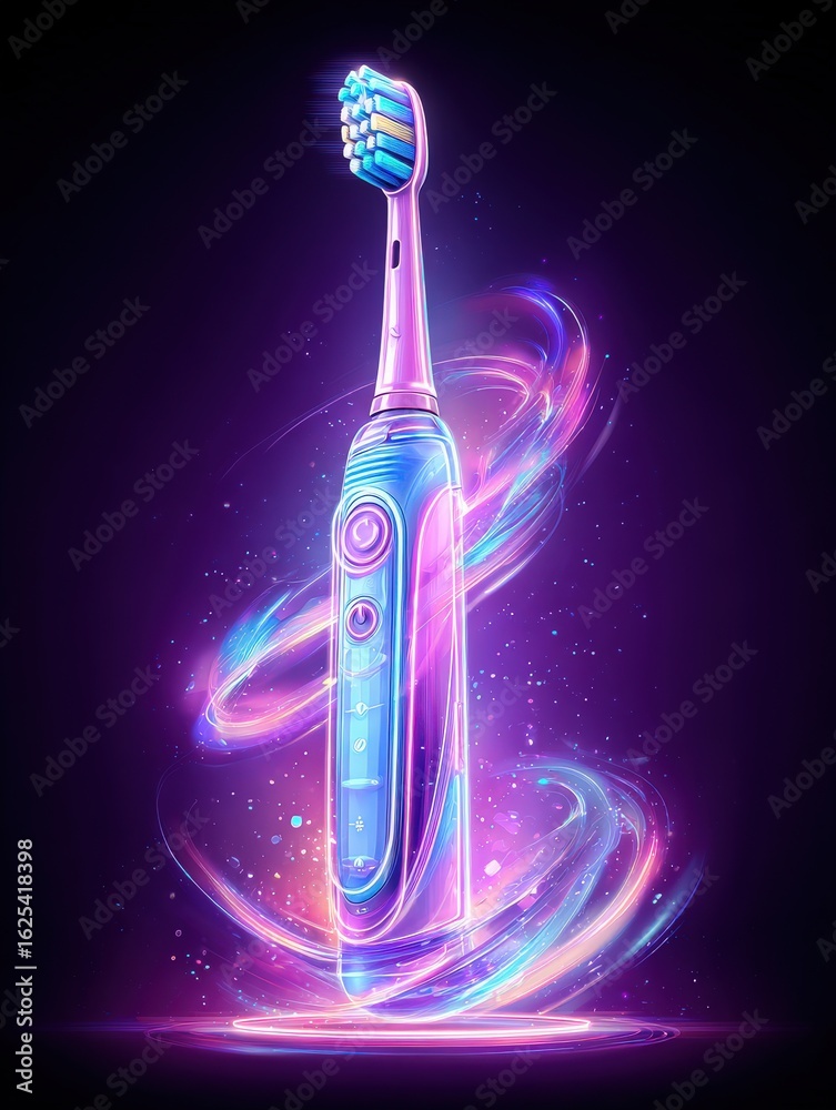 An electric toothbrush is suspended in a vibrant swirl of colors, glowing vividly against a dark background. The design emphasizes modern technology and dental care.