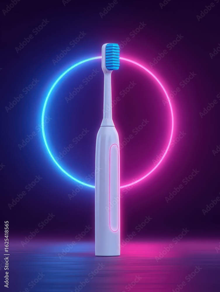 A sleek electric toothbrush stands upright against a dark background, framed by vibrant blue and pink neon rings, showcasing its modern design and high-tech features.