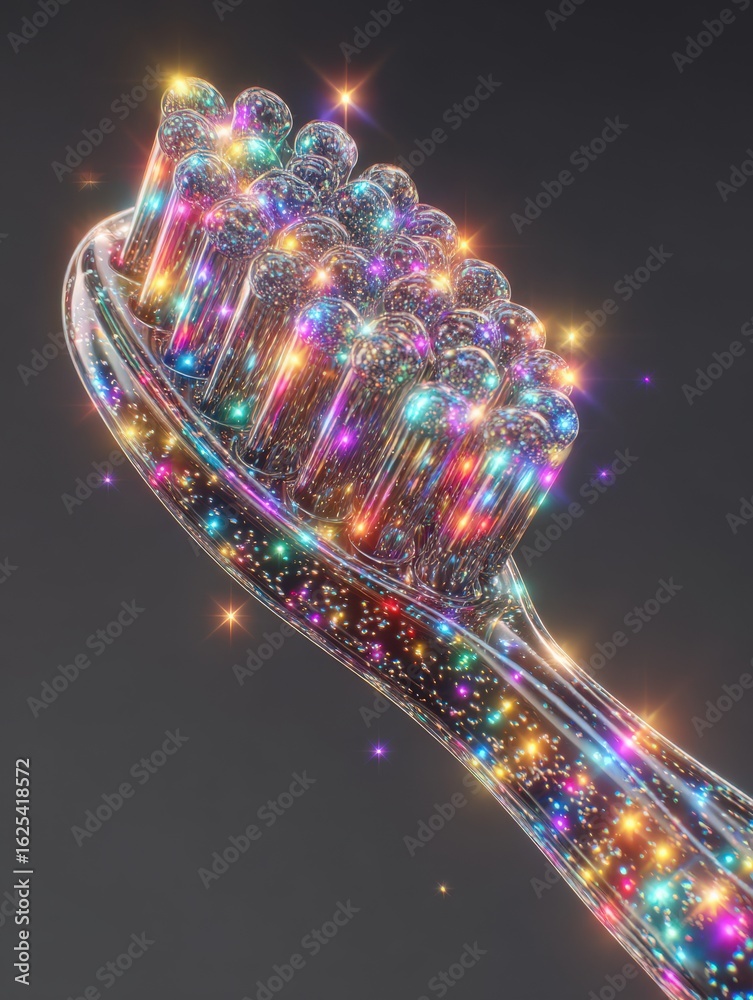 A toothbrush is transformed into a dazzling spectacle, radiating colorful lights and sparkles. The intricate design features shimmering bristles that catch the eye, making oral care feel magical.